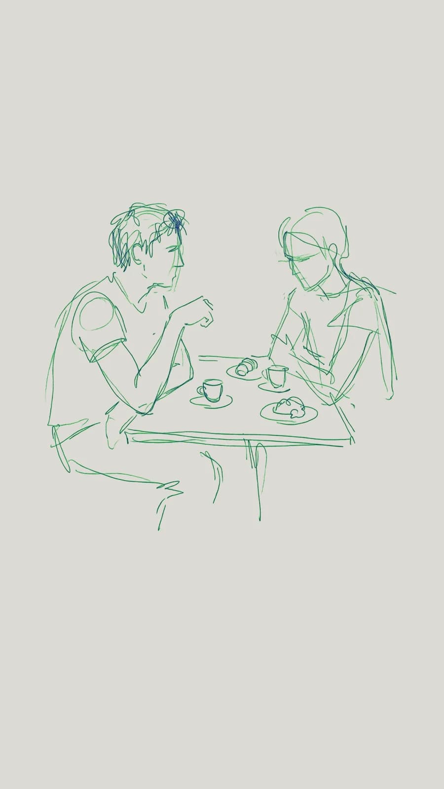 An ink sketch of two people at a café table